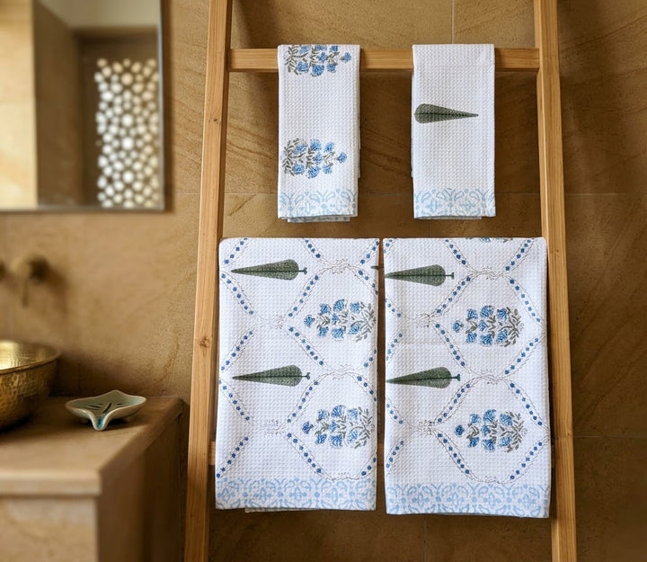 Set of 4 Towel Gift Set - Green Cypress tree block print gift set