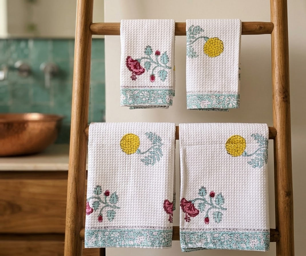 Set of 4 Towel Gift set  - Multicolour floral Block Print