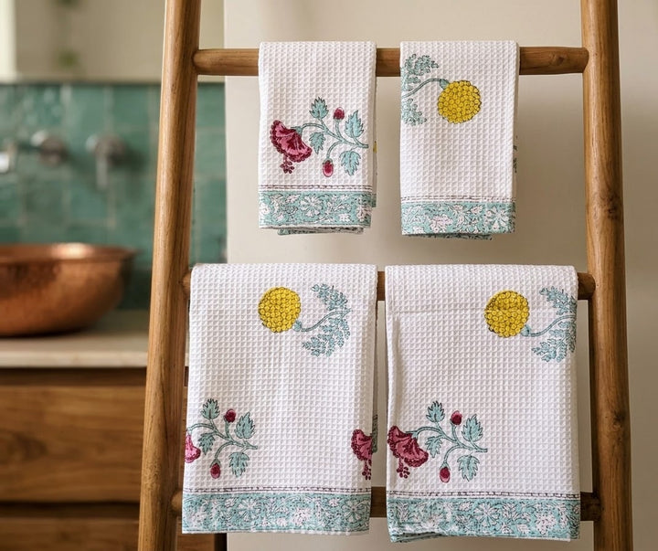 Set of 4 Towel Gift set  - Multicolour floral Block Print
