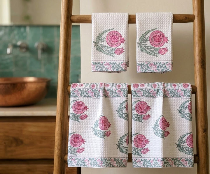 Pink Pomegranate Block Print Towel Gift Set - Waffle Cotton