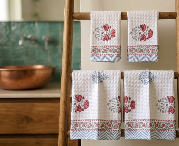 Set of 4 Towels Gift hamper - Red Floral Block Print Towel Gift Set