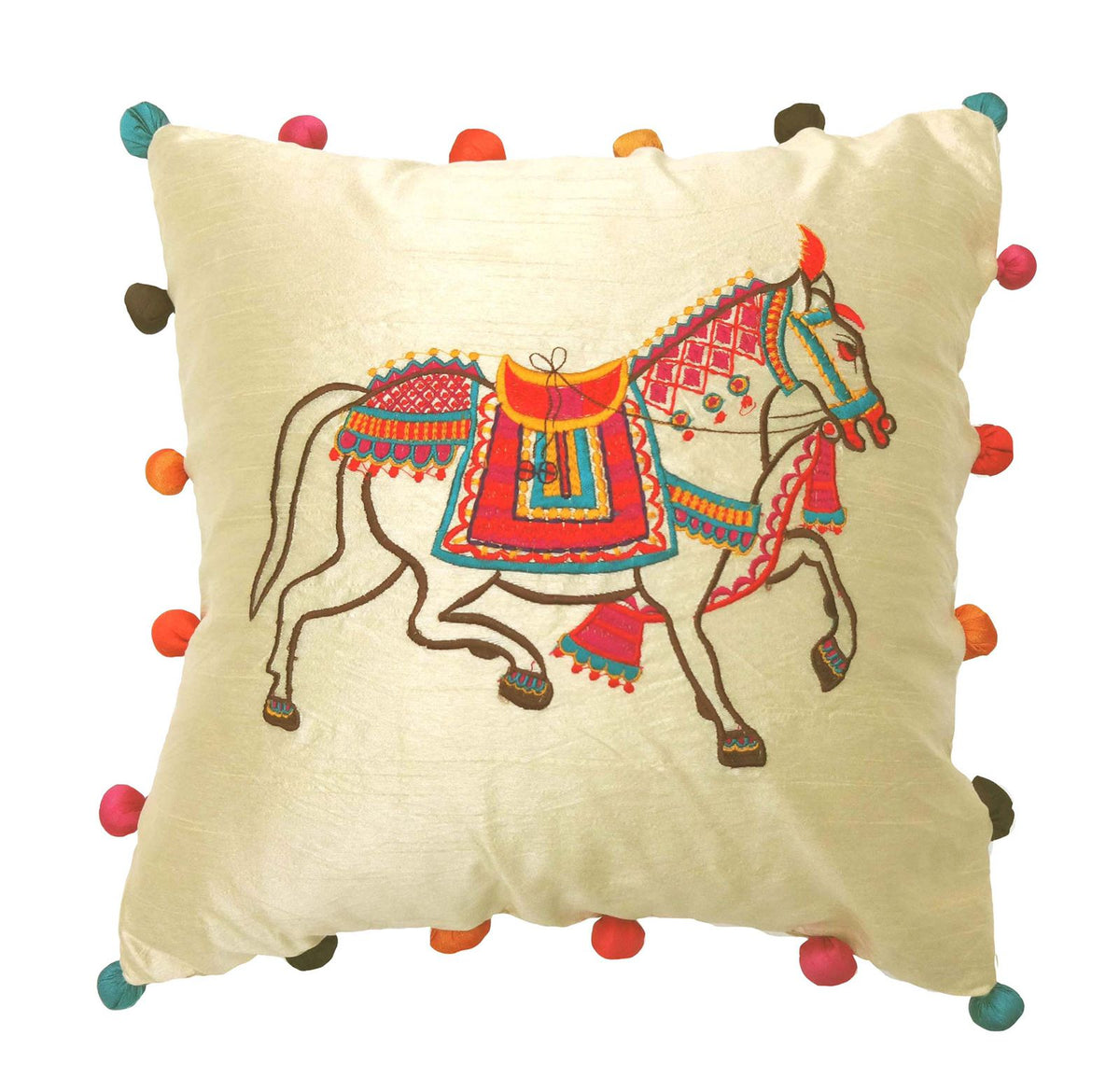 Horse applique cushion cover - Dupioni silk decorative cushion cover - 18x18 inches - Decorative Cushions by Kari by Kriti