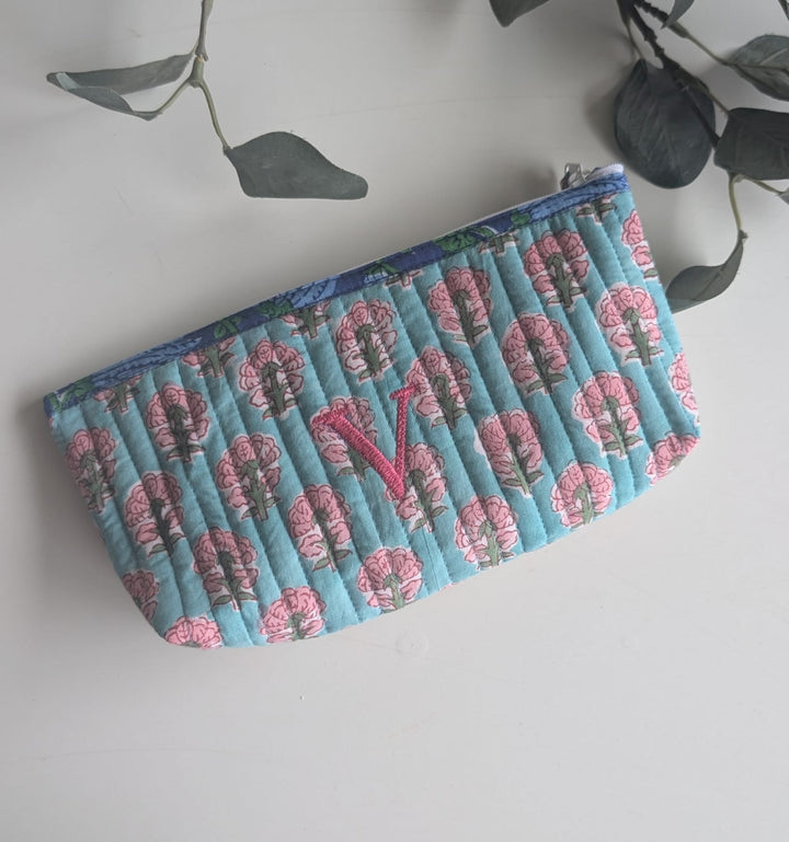 Personalized Block print pencil pouches - Quilted utility pouches with custom names