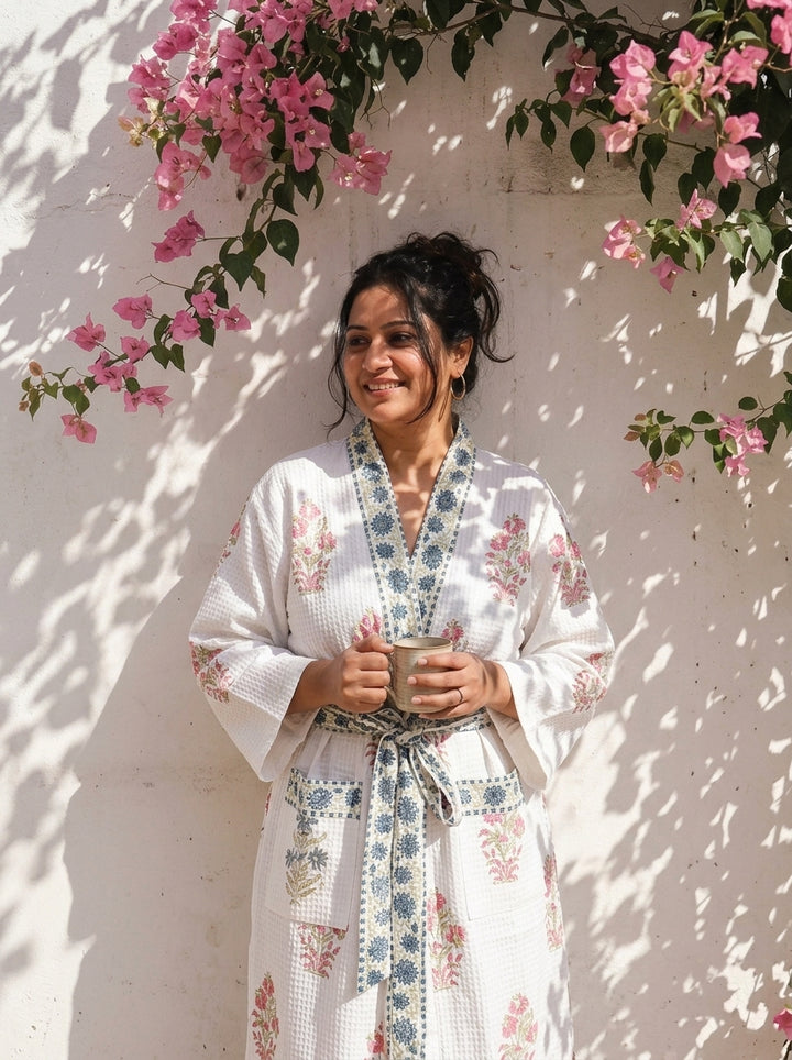 Close-up of hand block printed waffle cotton robe with custom embroidered initials, azo-free dyes on 100% cotton