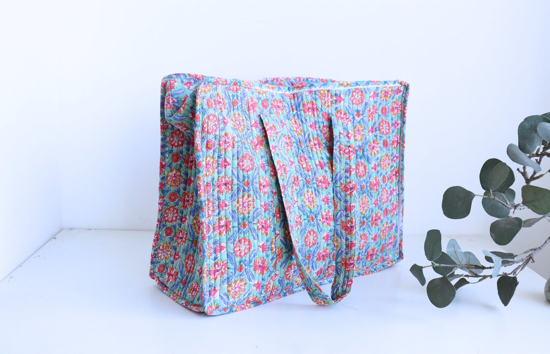 Multicolour floral XL quilted block print tote bag handmade cotton

