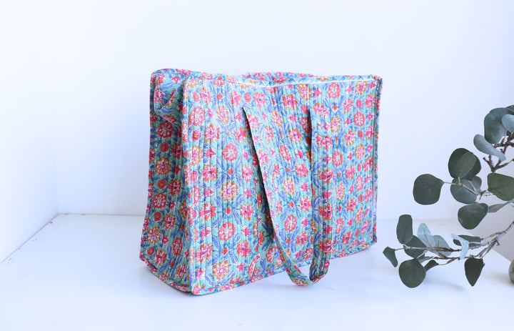 Multicolour floral XL quilted block print tote bag handmade cotton
