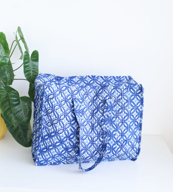 Blue geometric XL quilted block print tote bag for women handmade
