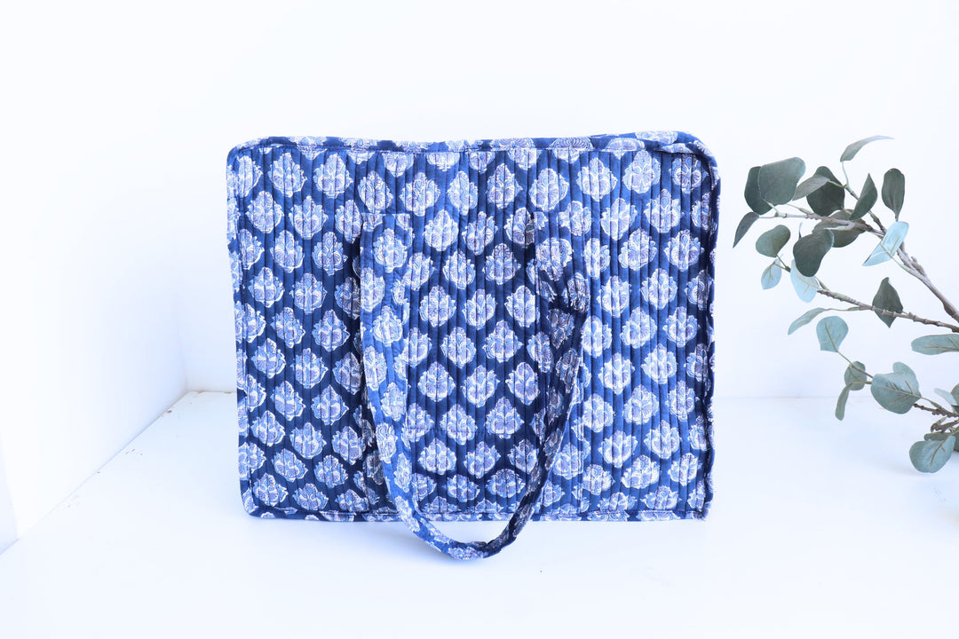 Dark blue ditsy print XL quilted block print tote bag handmade cotton
