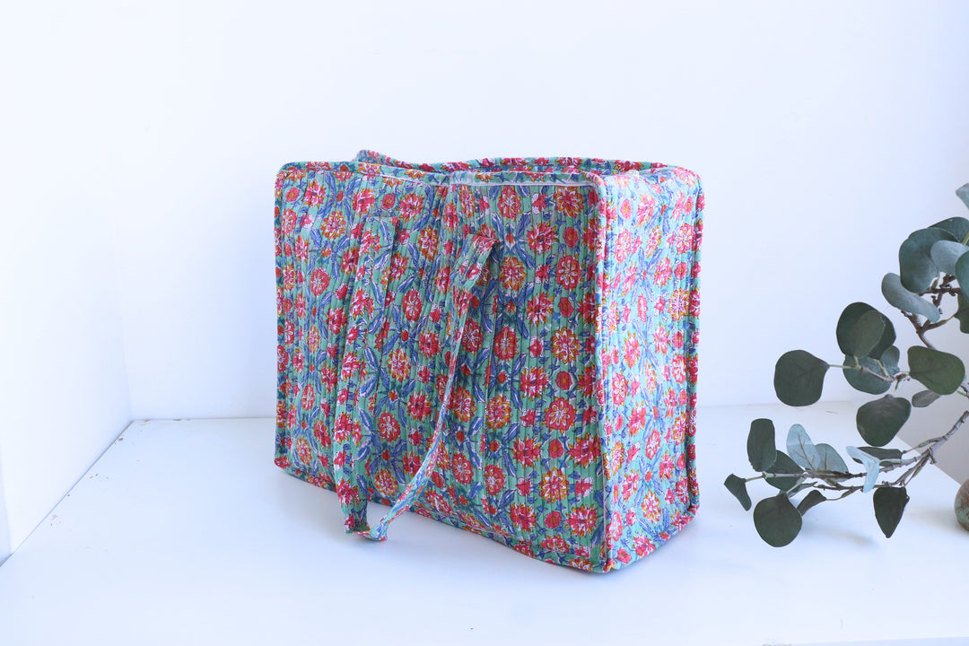 Multicolour floral XL quilted block print tote bag handmade cotton
