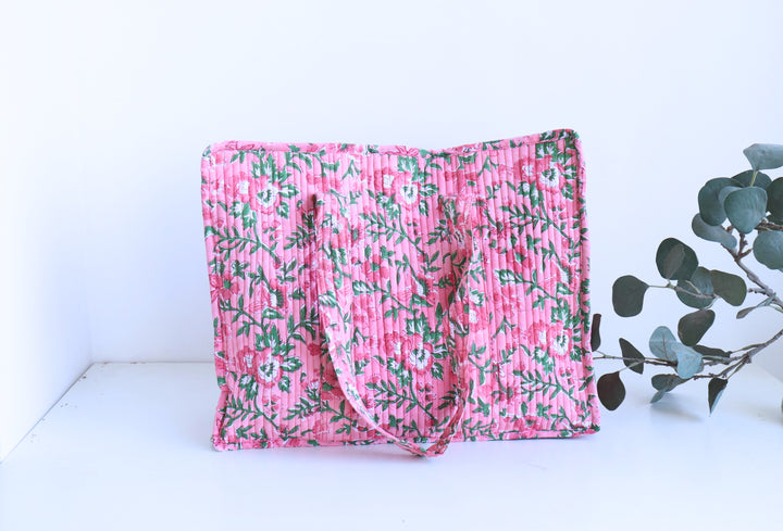 Pink floral XL quilted block print tote bag for women handmade cotton
