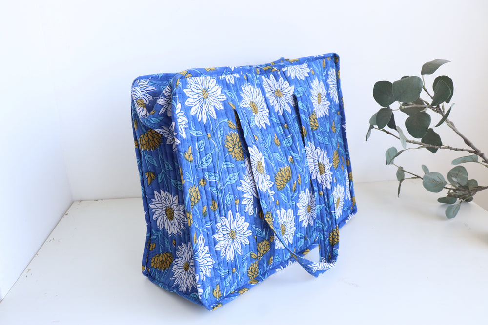 Blue garden print XL quilted block print tote bag handmade cotton
