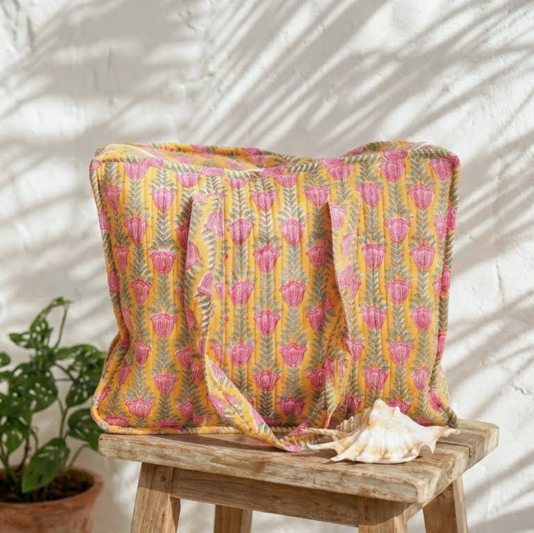 XL tote bag - Boho quilted women's bags - Large beach bag - Bright yellow