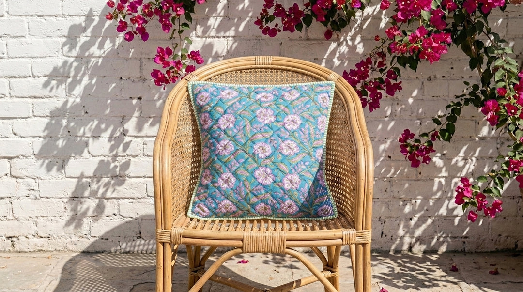 Turquoise Floral hand block print quilted cushion cover, 16x16 inches, by Kari by Kriti