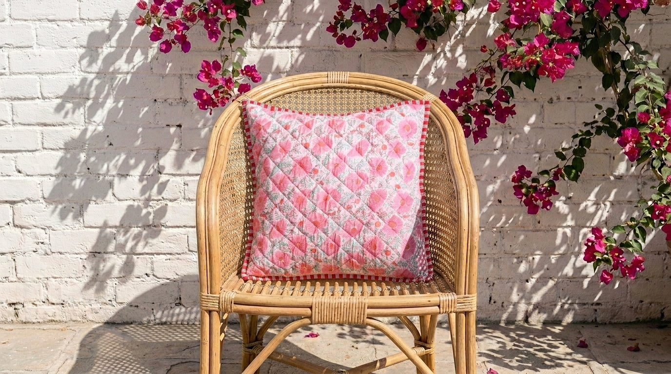 Light Pink Floral hand block print quilted cushion cover, 16x16 inches, by Kari by Kriti