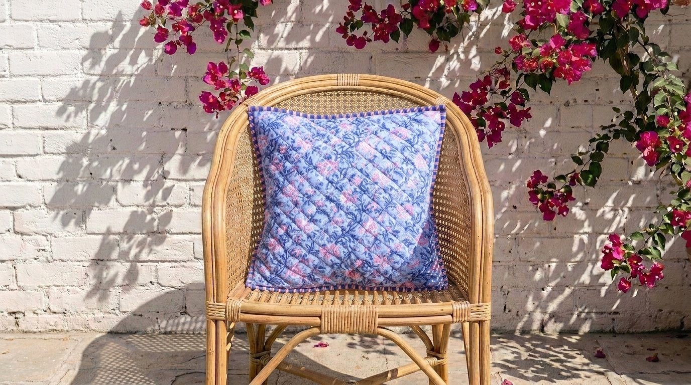 Light Blue Floral hand block print quilted cushion cover, 16x16 inches, by Kari by Kriti