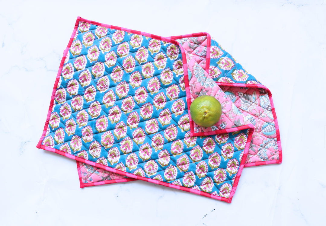 Set of 2 Block print Quilted placemats - Reversible Table mats - 13x19 inches - Teal and Pink