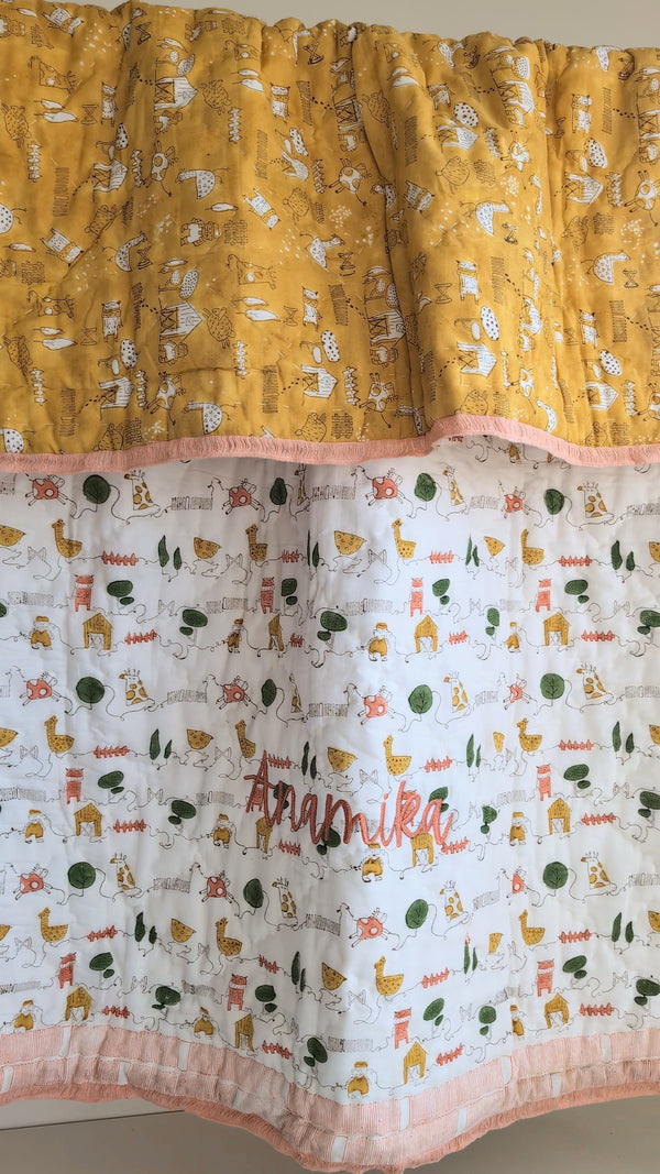 Personalised Old MacDonald farm animal block print baby quilt with name
