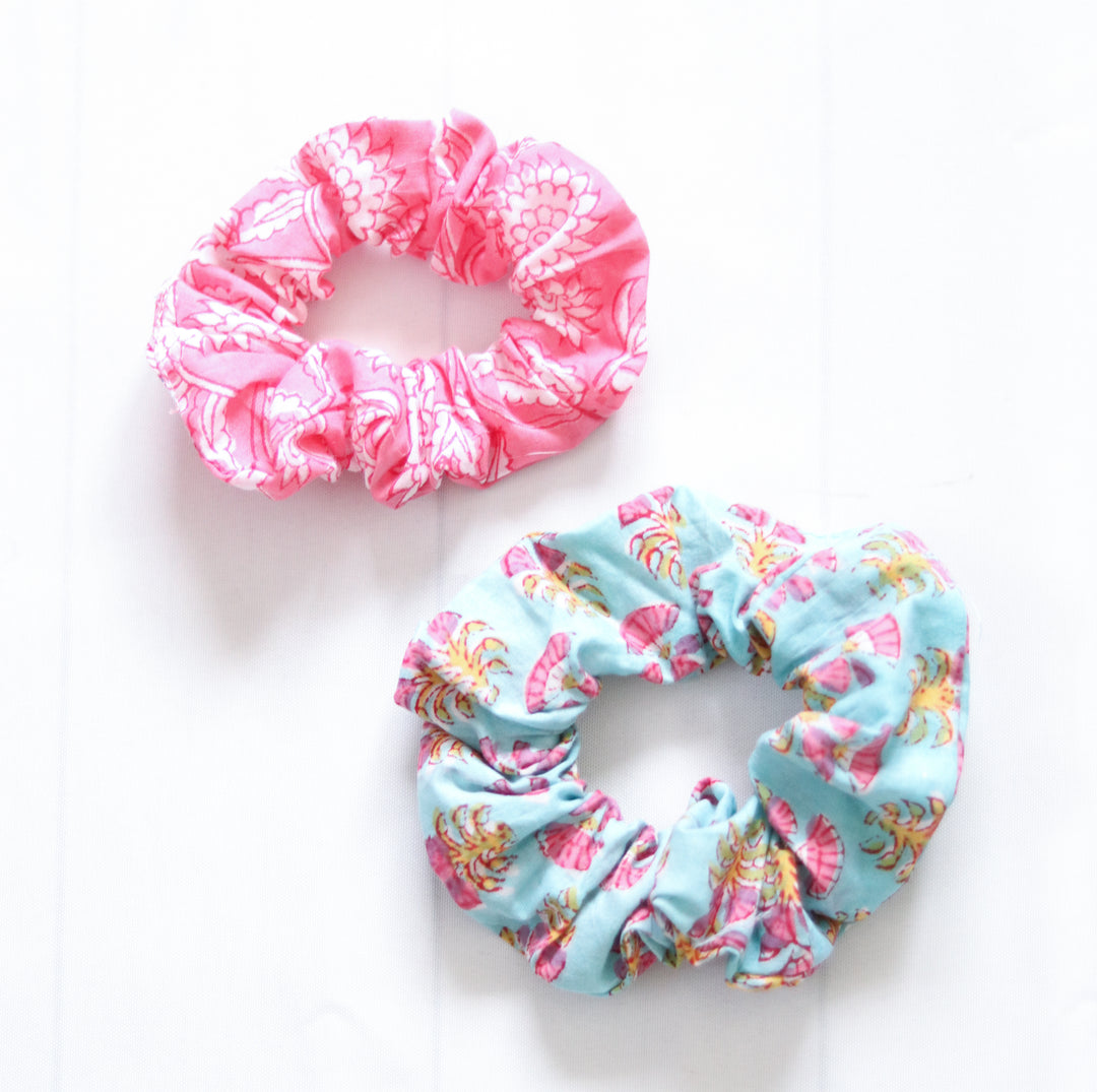 Assorted block print cotton scrunchies set
