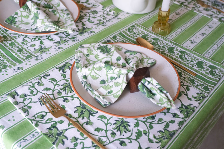 Garden Stripes placemats - Block print table mats set of 6 - 13x19 inches - Shades of Green