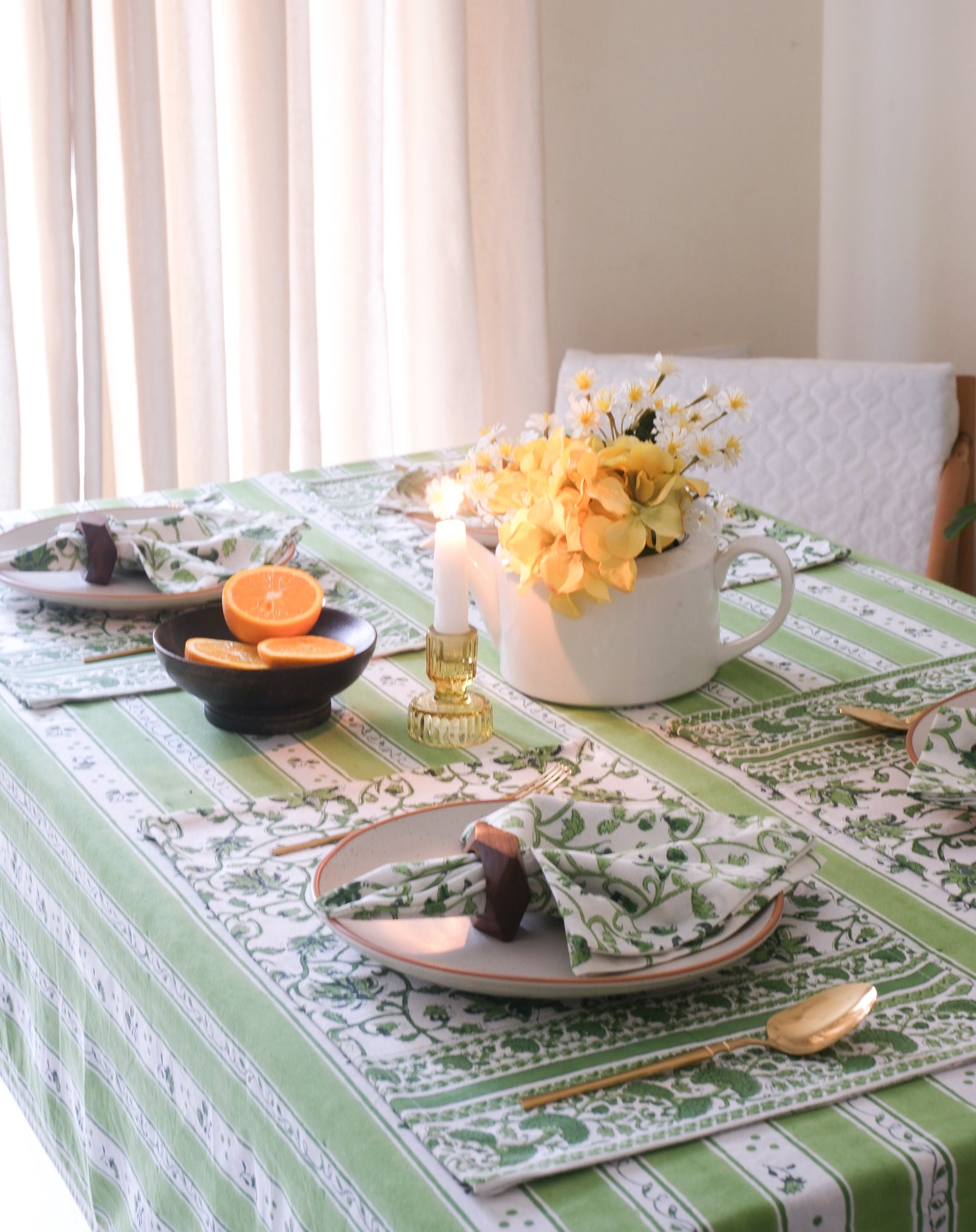 Garden Stripes tablecloth - 6 seater block print table cover - 60x90 inches - Shades of Green - back view