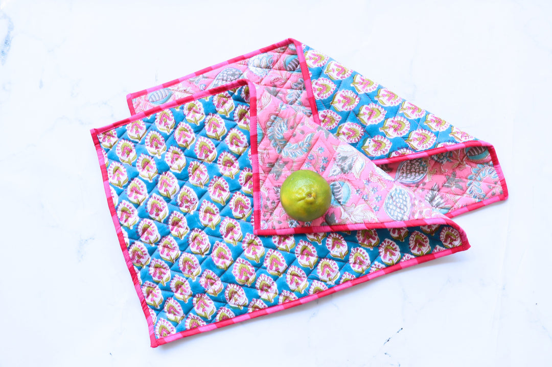 Set of 2 Block print Quilted placemats - Reversible Table mats - 13x19 inches - Teal and Pink