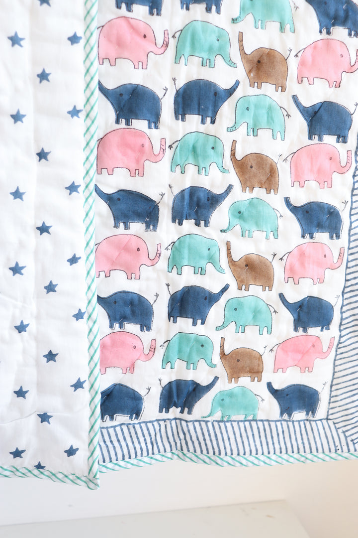 Personalised elephant Marching Jumbos block print baby quilt with name
