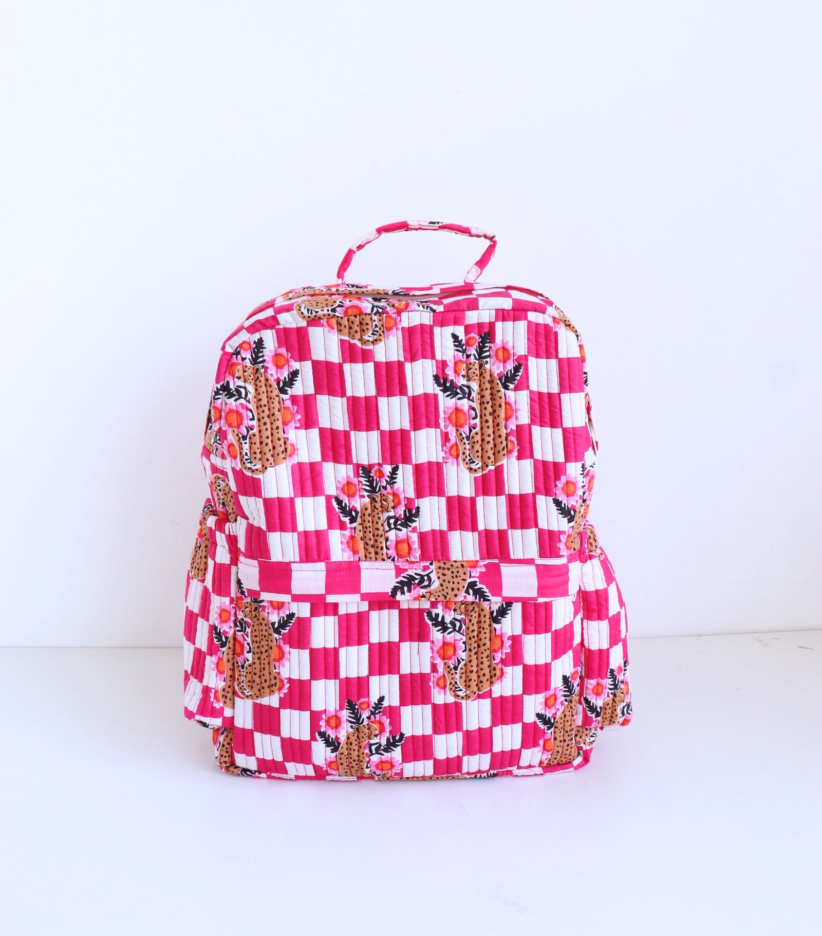 Personalised pink cheetah print quilted kids backpack with custom name
