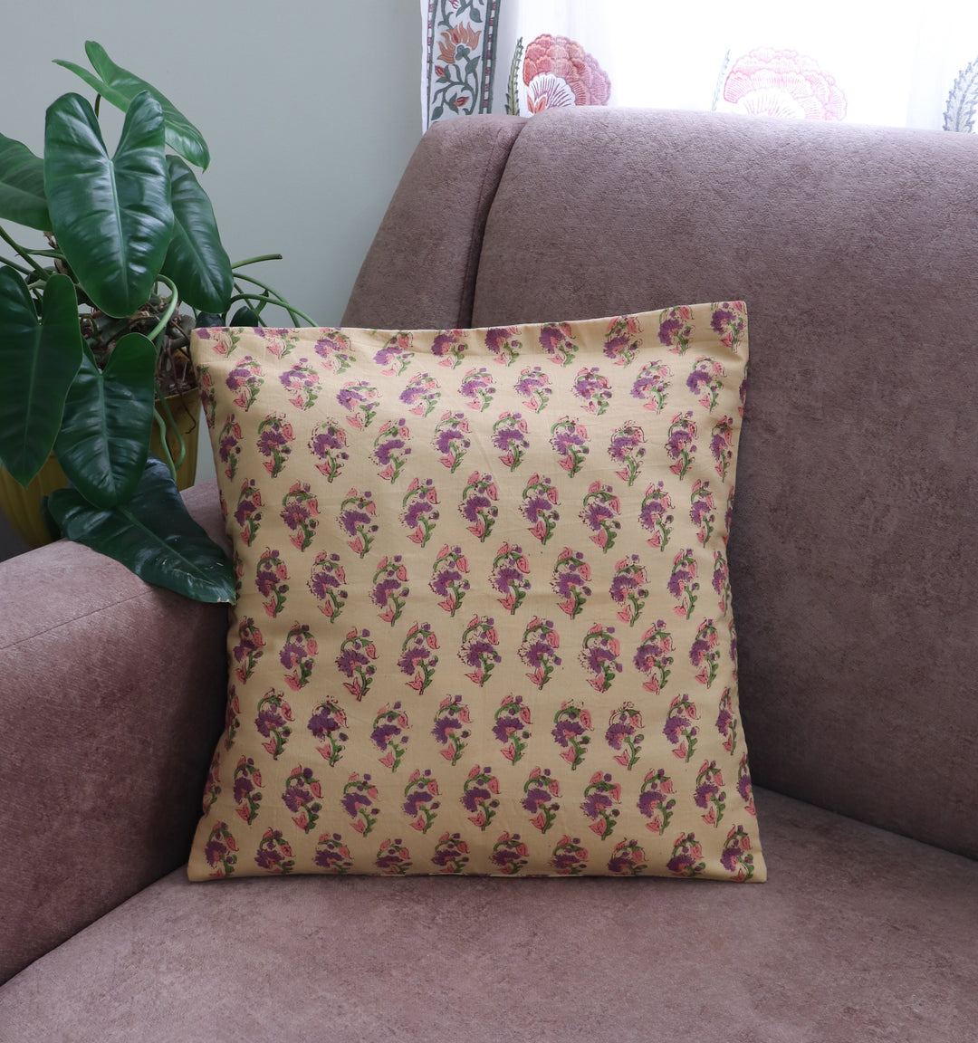 Golden Bloom beige floral cushion cover with purple and pink design by Kari by Kriti x Trumatter
