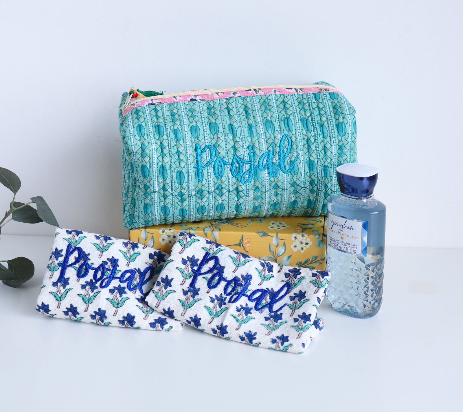 Personalized best friend gift box with handmade block print pouch and accessories by Kari by Kriti
