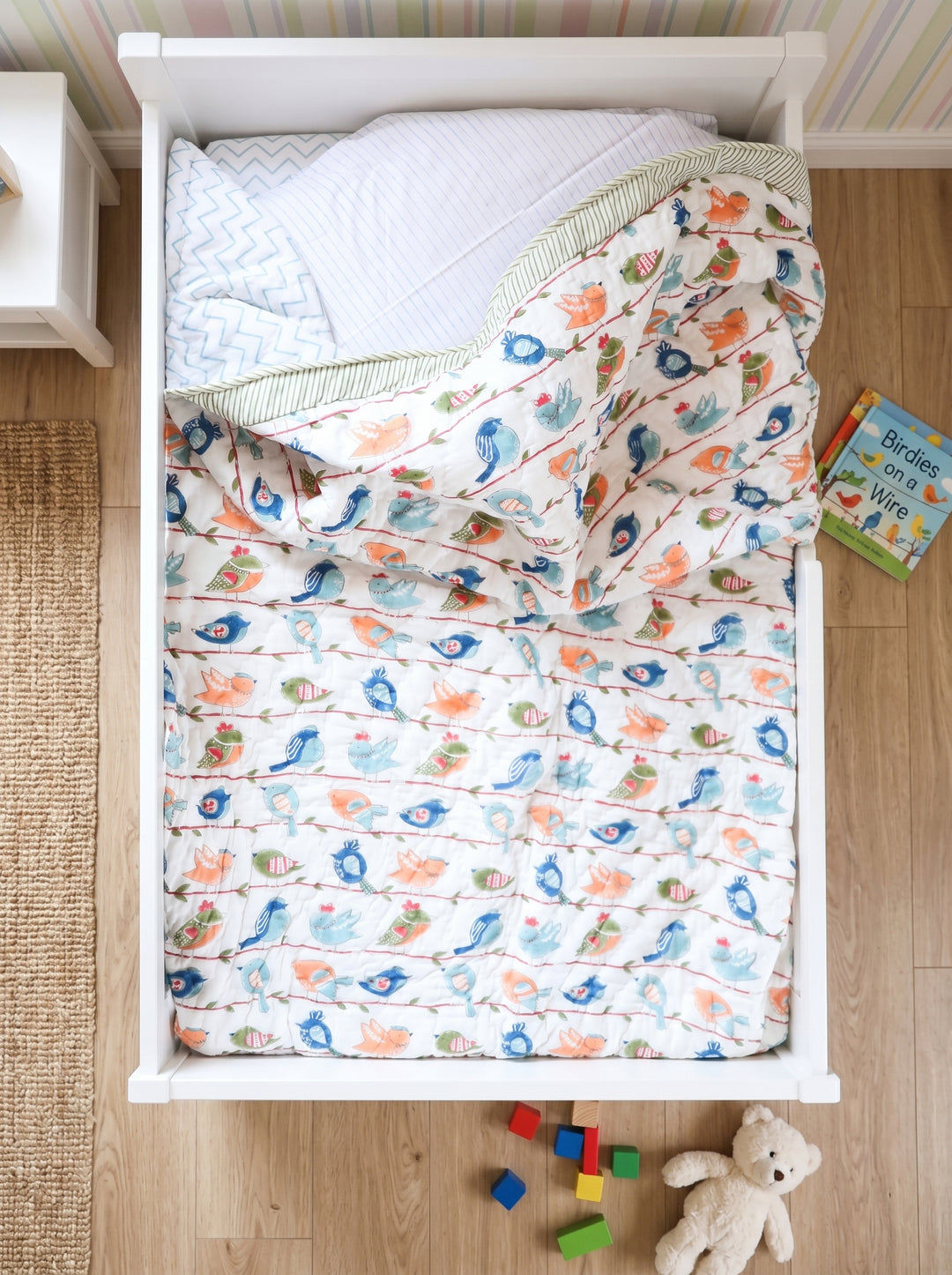 Personalized Cheerful Birdy kids quilt with hand block printed bird motifs on cotton, single bed AC quilt by Kari by Kriti