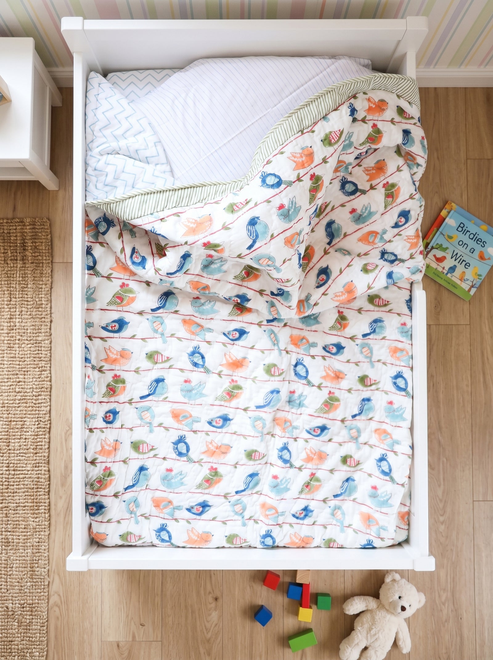 Personalized Cheerful Birdy kids quilt with hand block printed bird motifs on cotton, single bed AC quilt by Kari by Kriti