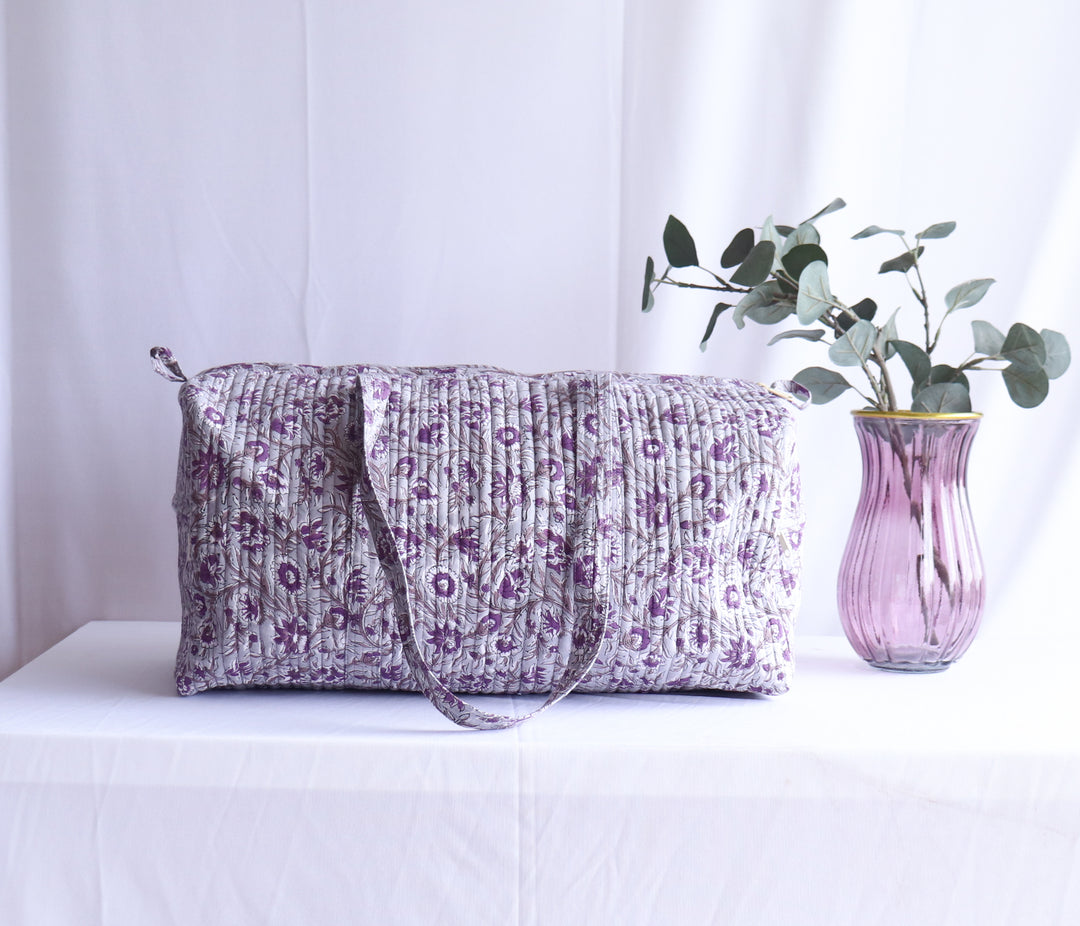 Grey block print quilted weekender overnight duffle bag handmade cotton
