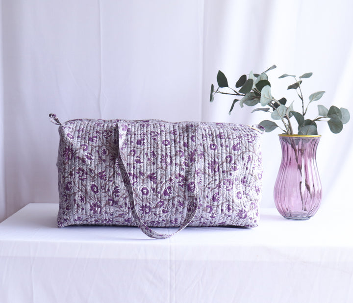 Grey block print quilted weekender overnight duffle bag handmade cotton
