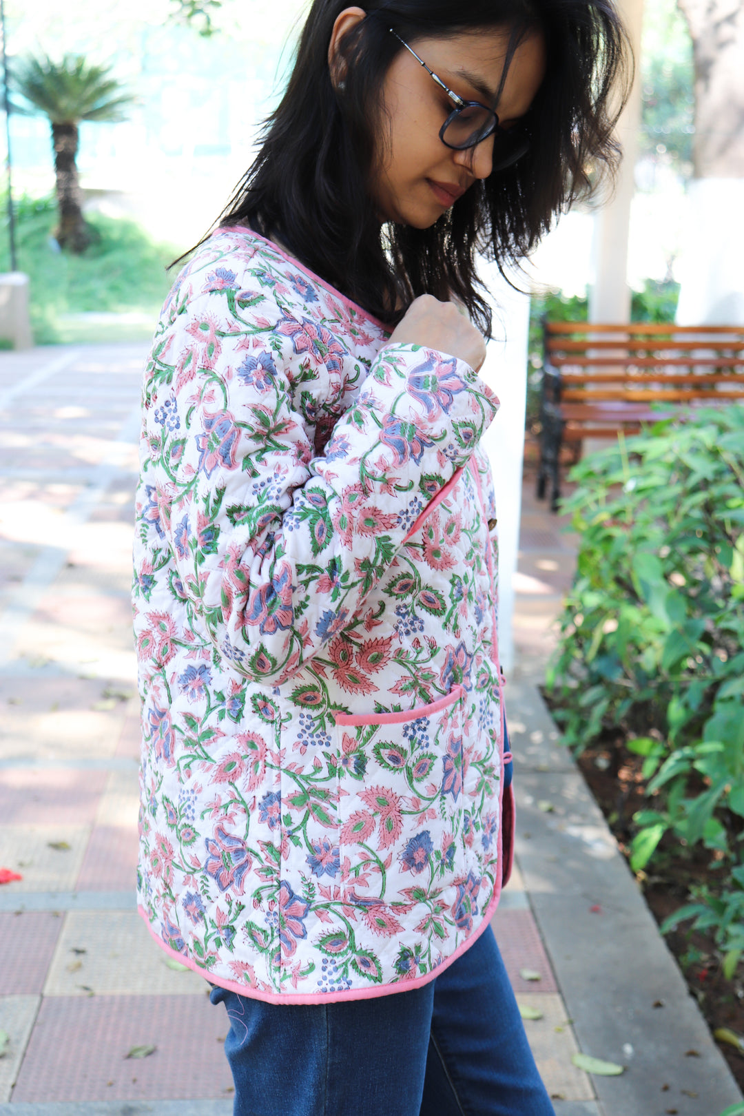 White floral block print quilted cotton jacket for women handmade India
