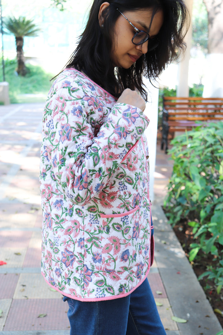 White floral block print quilted cotton jacket for women handmade India
