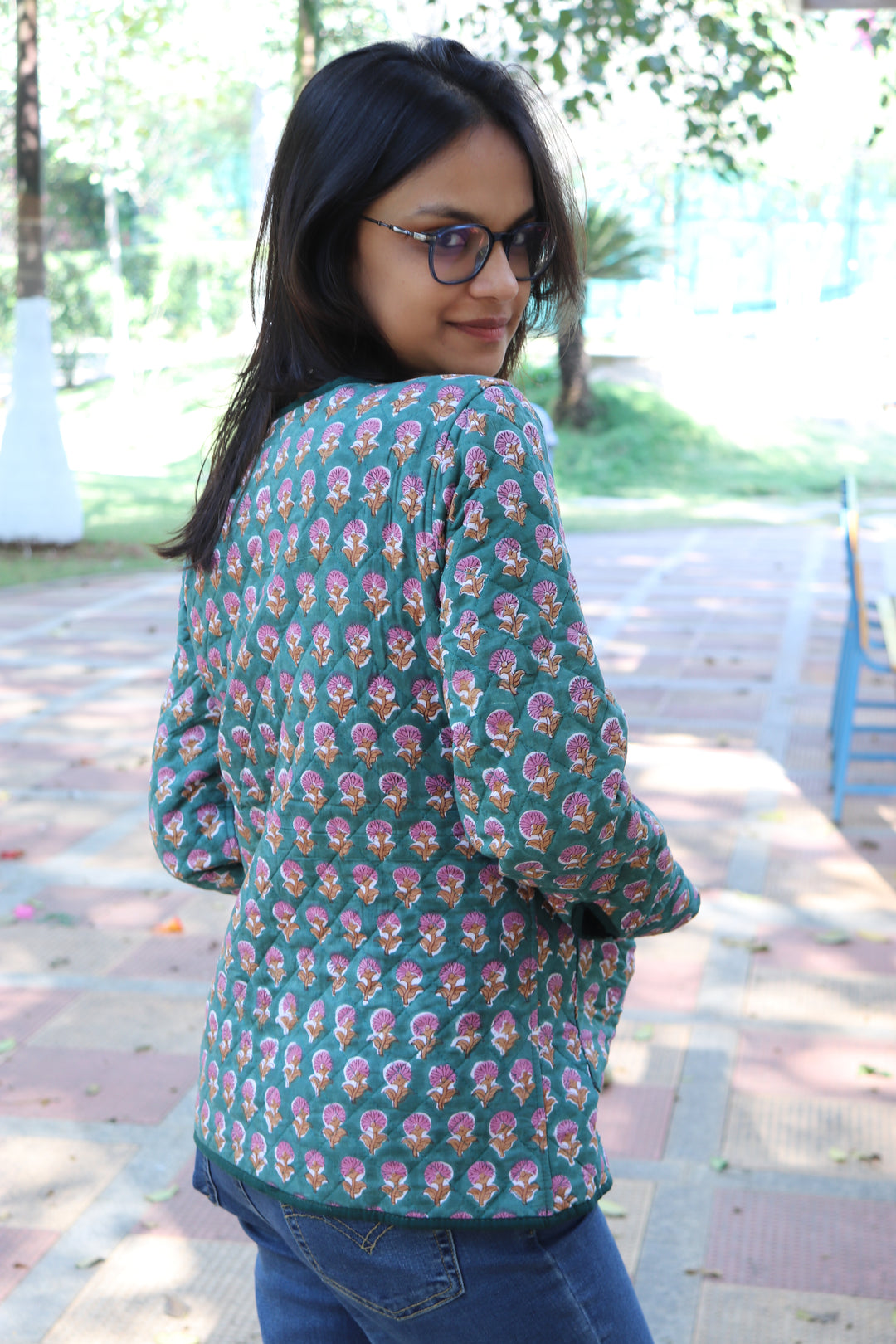 Green ditsy block print quilted cotton jacket for women handmade
