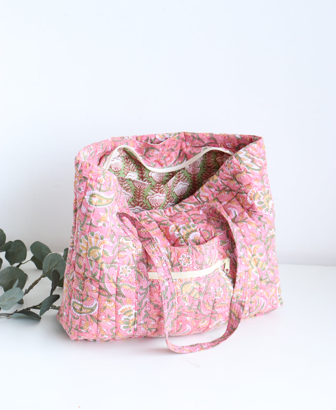 Personalised block print quilted tote bag and pouch gift set with name
