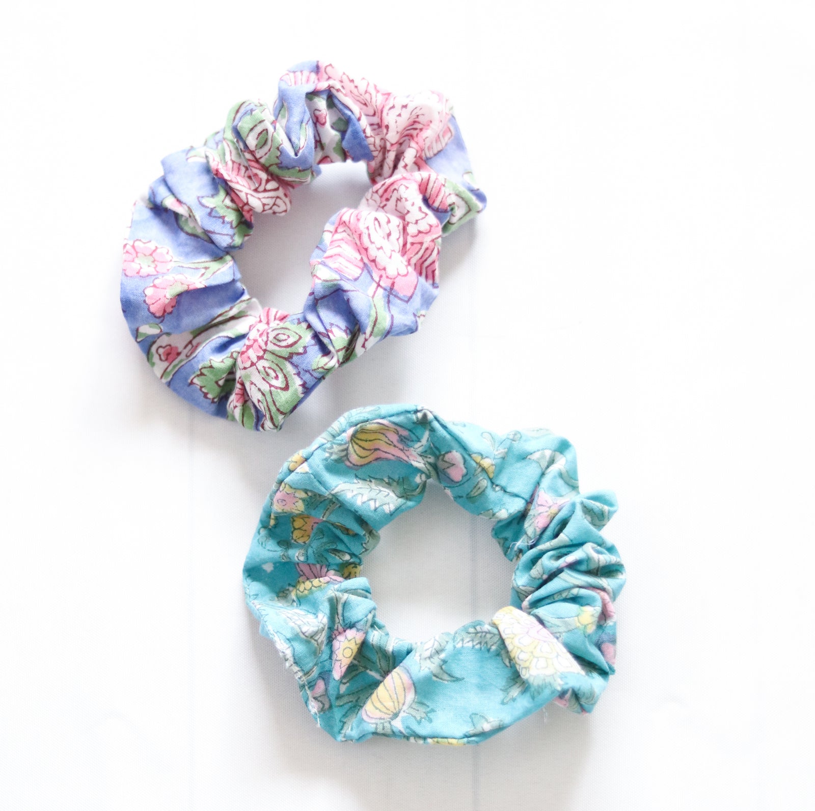 Assorted block print cotton scrunchies set
