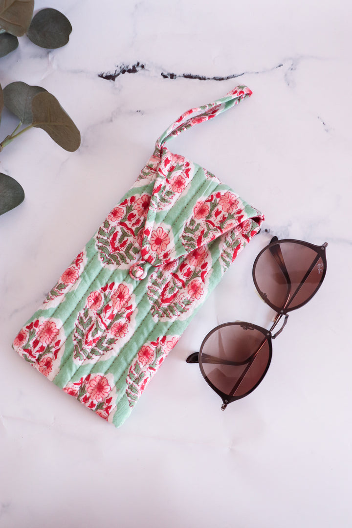 Assorted block print quilted sunglasses covers in bulk lot
