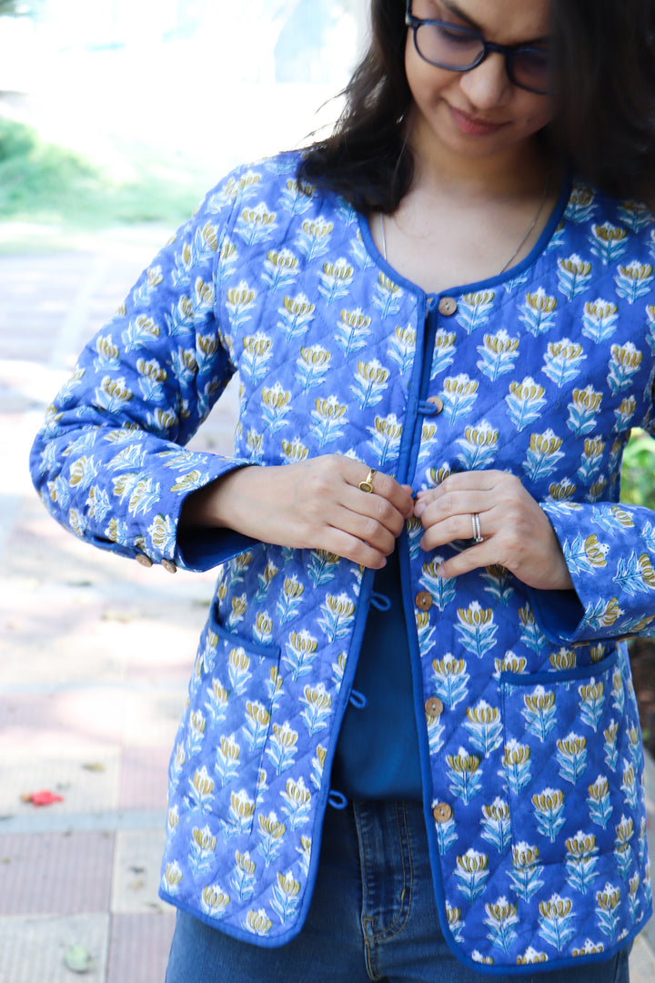 Blue ditsy block print quilted cotton jacket for women handmade India
