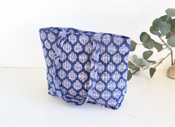 Blue floral block print quilted tote bag for women, handmade cotton handbag by Kari by Kriti
