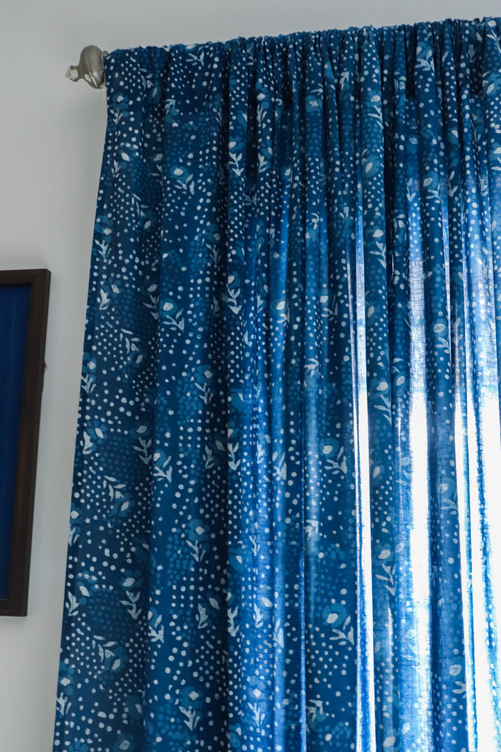 Indigo dots and floral block print sheer curtain in dark blue mulmul cotton
