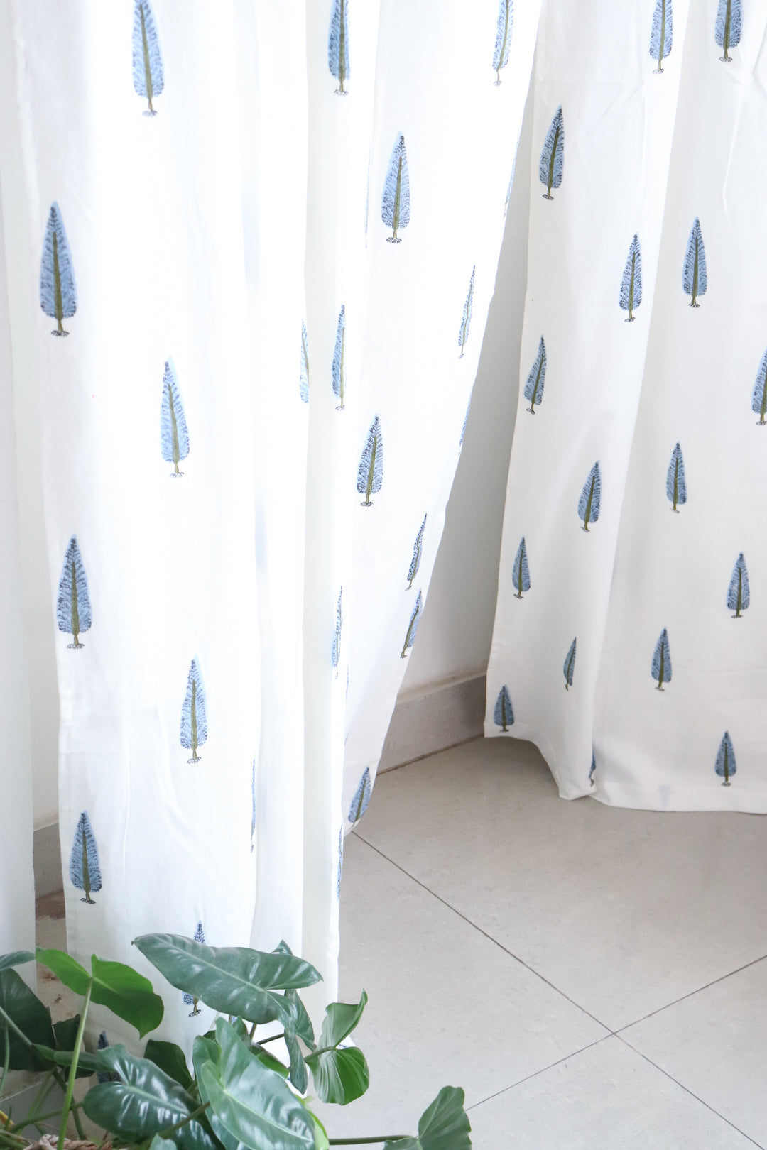 Light blue cypress tree block print curtains with cotton lining for bedroom
