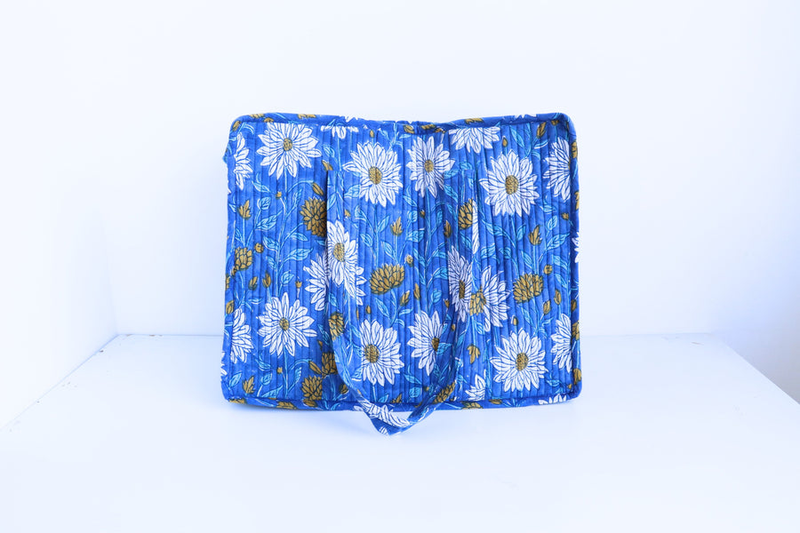 Blue garden print XL quilted block print tote bag handmade cotton
