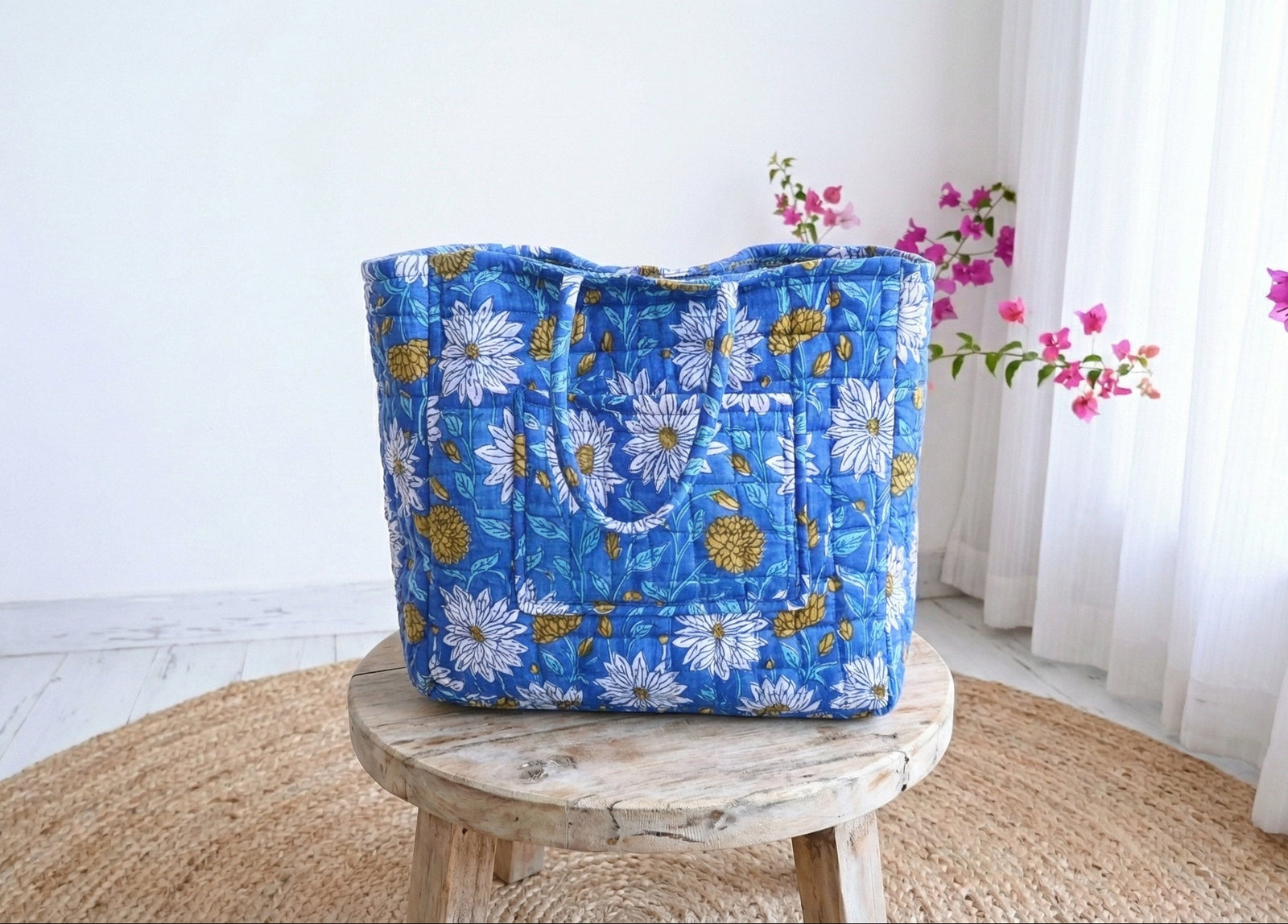 XL block print storage basket in blue flower fields design, handcrafted cotton fabric basket by Kari by Kriti