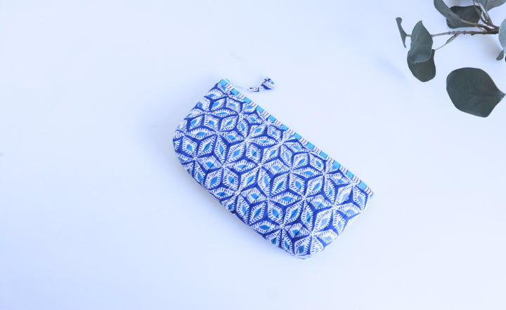 Personalized block print quilted pencil pouch with embroidered name
