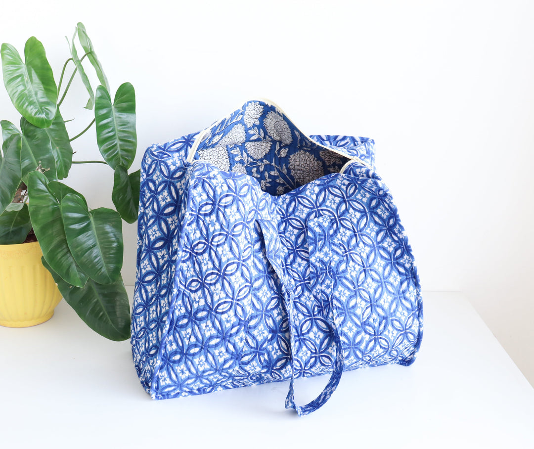 Blue geometric XL quilted block print tote bag for women handmade
