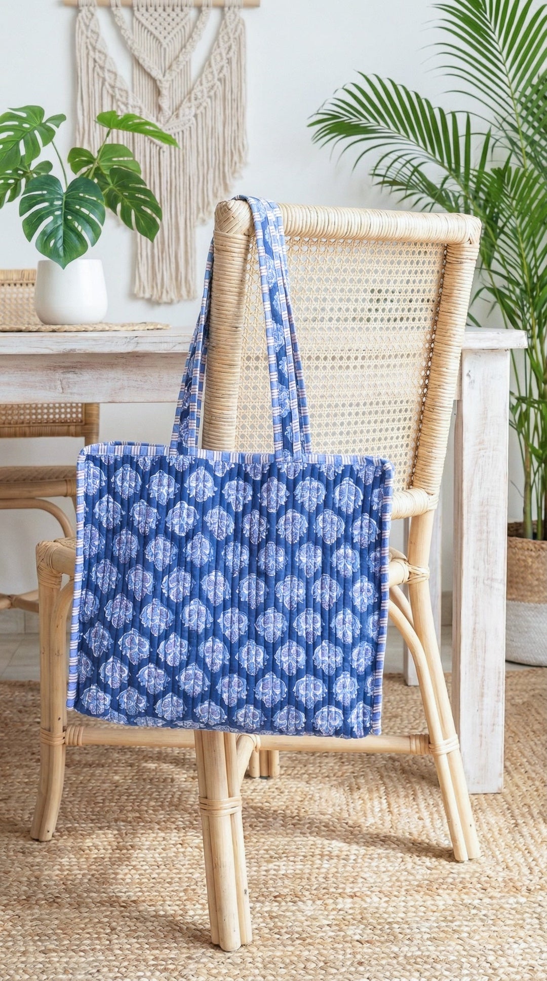 Blue floral block print quilted medium tote bag for women handmade
