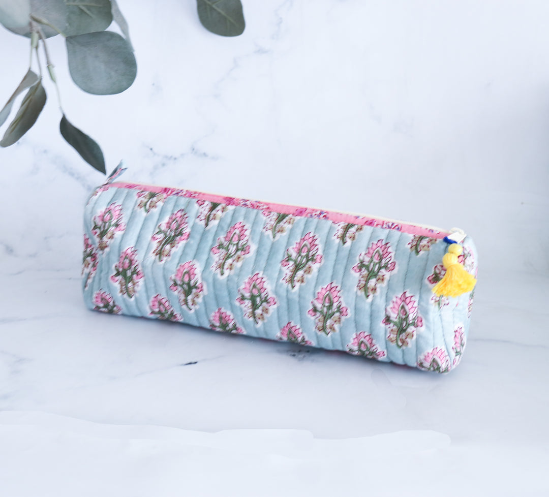 Block print quilted round pencil pouches bulk set handmade cotton
