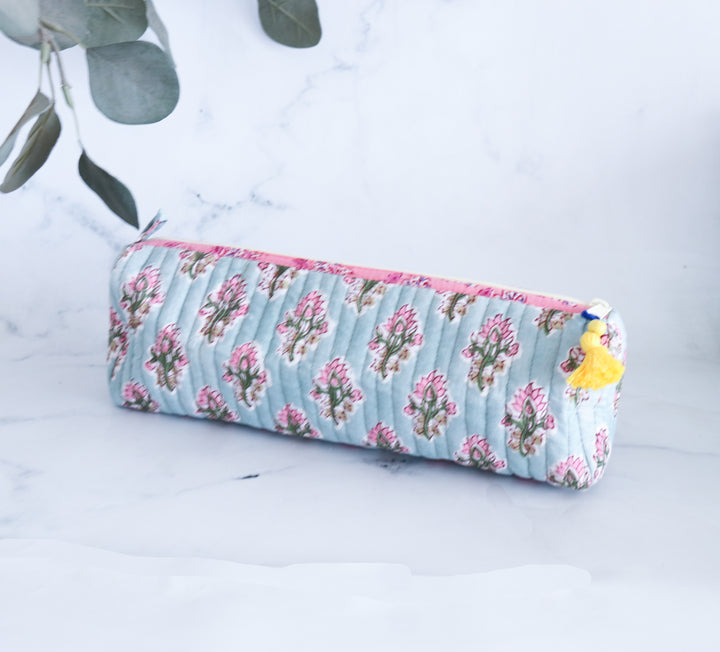 Block print quilted round pencil pouches bulk set handmade cotton
